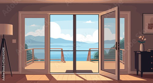 Tranquil pixel art scene featuring an open door leading to a scenic waterfront deck view, evoking relaxation and the beauty of nature.