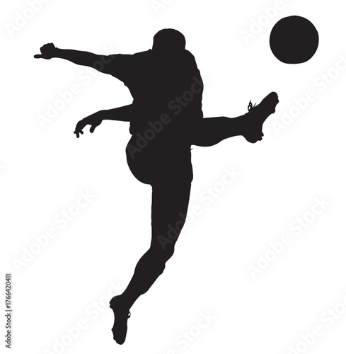 Soccer Player Silhouette Kicking Ball, Isolated on White Background.