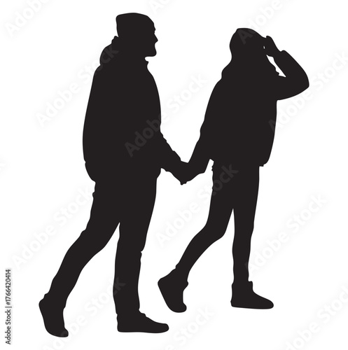Couple Walking Silhouette Holding Hands, Isolated Vector
