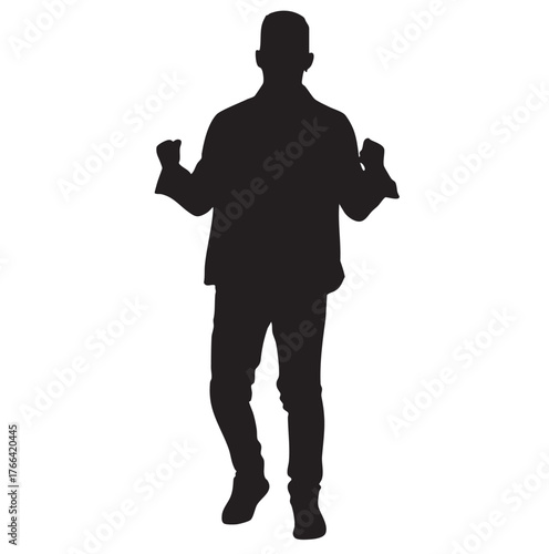 Silhouette of Cheering Man Isolated on White Background.