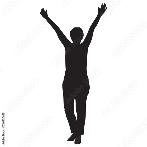Silhouette of Woman with Arms Raised on White Background.