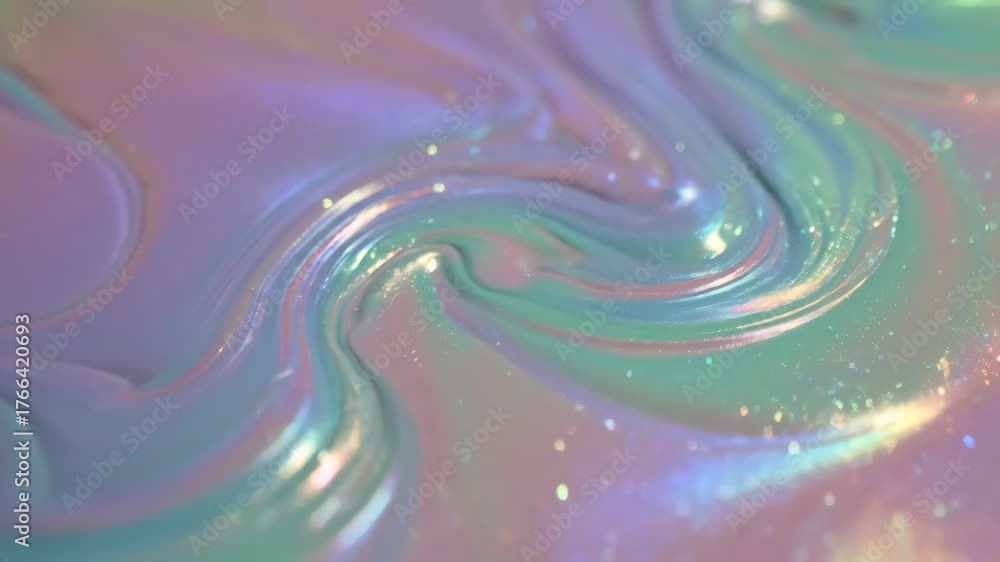 Iridescent Swirl Abstract Background - This stock video features a close-up of an iridescent fluid surface with a mesmerizing swirling pattern.