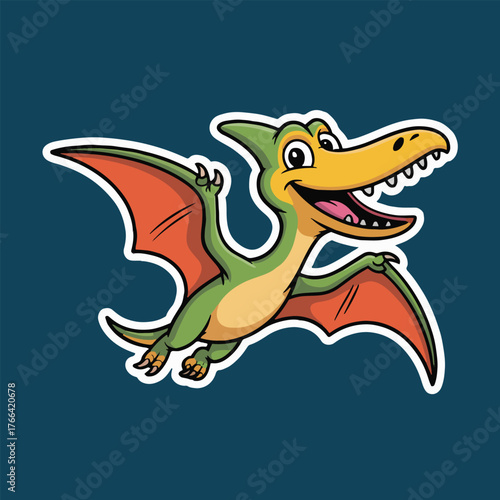 Cartoon pterodactyl with green body orange wings and yellow beak flying against a blue background