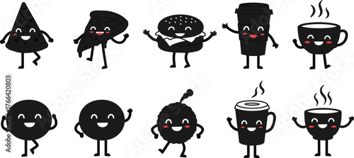Cartoon food silhouettes, cute snack characters, funny pizza artwork, smiling burger design, coffee cup mascot, playful donut illustration, kids marketing 