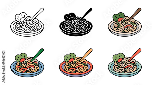 Vector art of assortment of colorful and monochrome drawings of pasta dishes with vegetables and a spoon