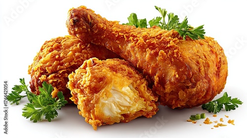 Fried chicken in breadcrumbs isolated on white background.