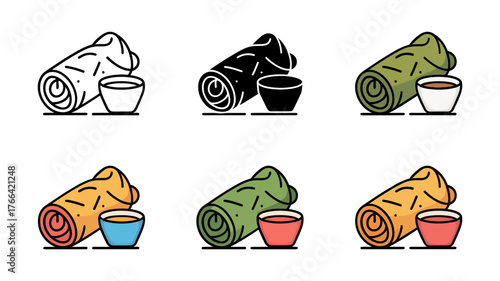 Vector art of set of six spring rolls with dipping sauce in various colors
