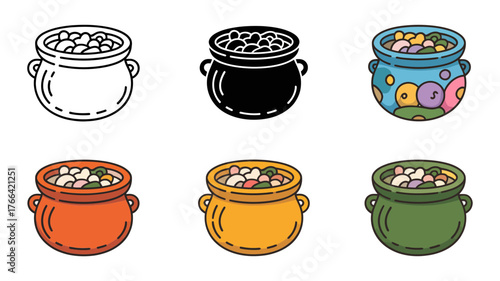 Vector art of collection of six pots filled with jelly beans in different colors