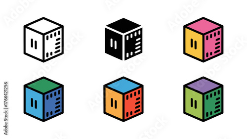 Vector art of set of six cubes with different colored faces and patterns