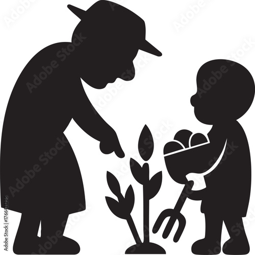 Farming mentorship concept with elder and child – black silhouette icon