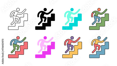 Vector art of set of eight colorful and black and white person climbing stairs icons