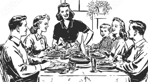 Vintage ink sketchy family dinner scene with turkey. Retro thanksgiving or christmas design illustration.