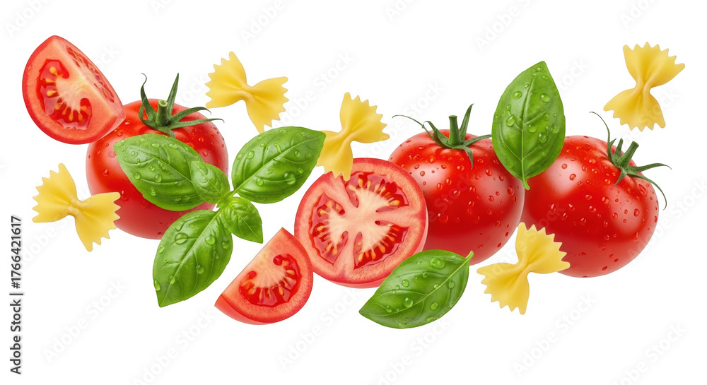 Naklejka premium Fresh red tomatoes green basil leaves and bow tie pasta scattered with water droplets isolate italian food ingredient cooking cuisine raw natural healthy
