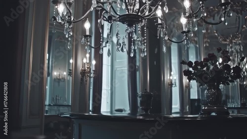 Elegant interior with crystal chandelier and flower arrangement for luxury concepts