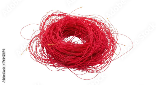 A tangled mass of thin red string with small yellow tips artfully arranged isolate thread fiber material craft transparent background yarn texture abstract