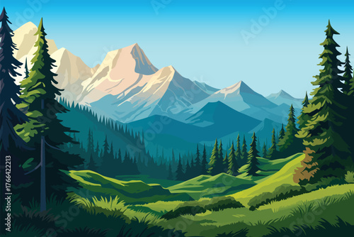 green hill landscape national park pine tree background with grass and mountains for nature and outdoor concept