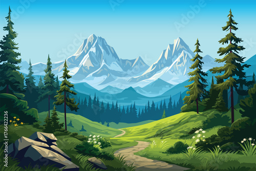 green hill landscape national park pine tree background with grass and mountains for nature and outdoor concept