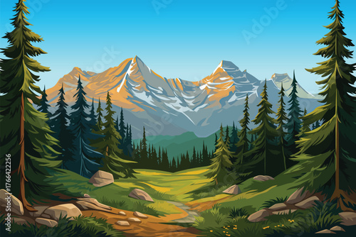 green hill landscape national park pine tree background with grass and mountains for nature and outdoor concept
