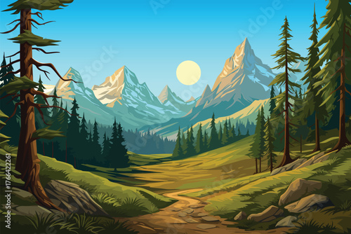 green hill landscape national park pine tree background with grass and mountains for nature and outdoor concept