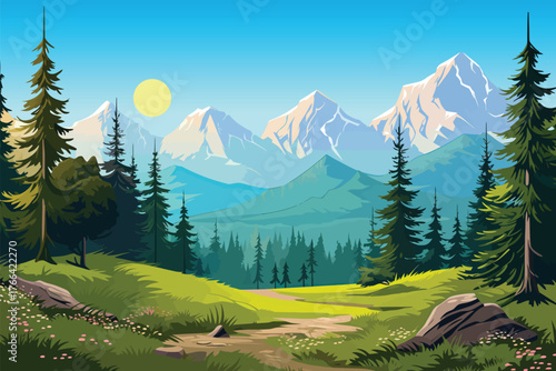 green hill landscape national park pine tree background with grass and mountains for nature and outdoor concept