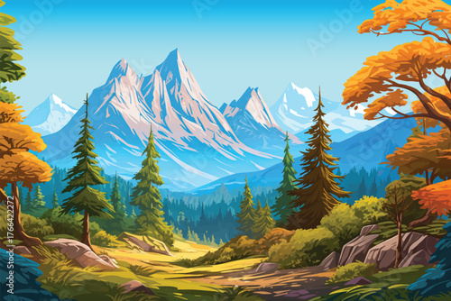 green hill landscape national park pine tree background with grass and mountains for nature and outdoor concept