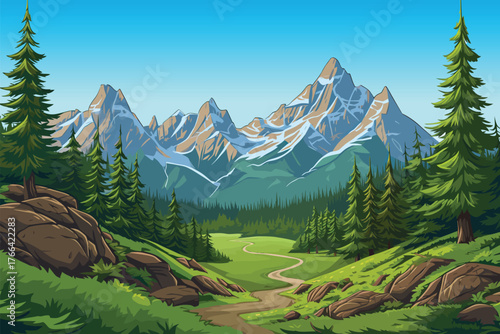 green hill landscape national park pine tree background with grass and mountains for nature and outdoor concept