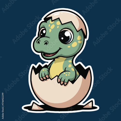 A cartoon baby dinosaur hatching from a cracked egg with a cute smile on a dark blue background