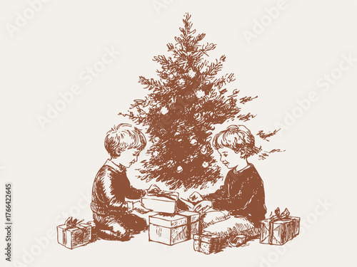 Two young boys unwrap Christmas presents under a decorated tree, illustrated in sepia engraving style.