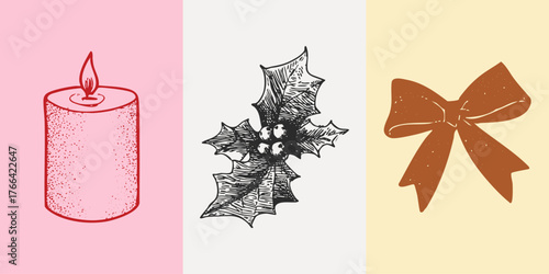 Set of retro pencil drawn Christmas elements. Sketchy candle, holly, bow. Vintage vector illustration for festive design.