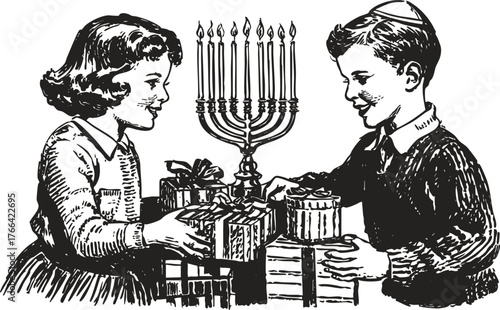 Retro ink sketchy children celebrating Hanukkah with gifts and menorah. Vintage Jewish holiday engraving illustration for cards and decor.