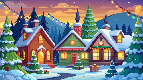 Detailed vector of small snowy village with Christmas trees, cabins decorated with garlands, cloudy winter sky, no sunlight, calm cold atmosphere, realistic lighting, joyful holiday feeling