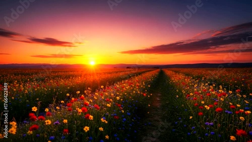 Vibrant sunset over a colorful flower field with a clear path leading towards the horizon