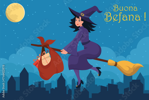 Buona Befana Witch Flying on Broomstick Vector Illustration