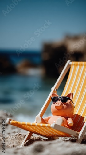 Early Holiday Savings Iconic Piggy Bank in Sunglasses for Summer Vacation Planning Advertising and Early Black Friday Campaigns