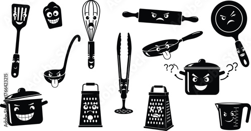 Cartoon kitchen utensils, cooking tools with faces, anthropomorphic cookware, playful kitchen design, smiling utensils, culinary illustration, children artwork, cooking concept, food design