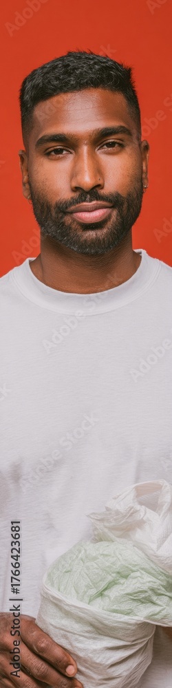 Fototapeta premium Authentic Small Business Saturday and Giving Tuesday Portrait of Indian Man Donating Food in Casual Style for Holiday Season Marketing Campaigns