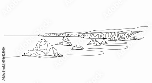 Coastal cliffs and sea rocks line art, minimalist nature landscape illustration.