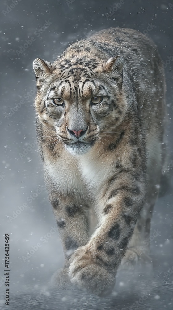 Fototapeta premium A white tiger traversing snowy terrain symbolizes the notion of strength and resilience, as it endures the challenges of a harsh winter