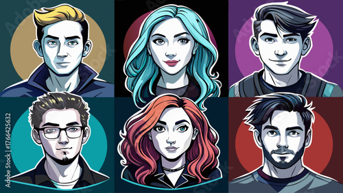 Very beautiful, 6 avatars in grid layout, hand-drawn illustration style, solid black ink like rapidograph pen, young adults (20–30 years old), mix of male and female, diverse hairstyles, monochrome 