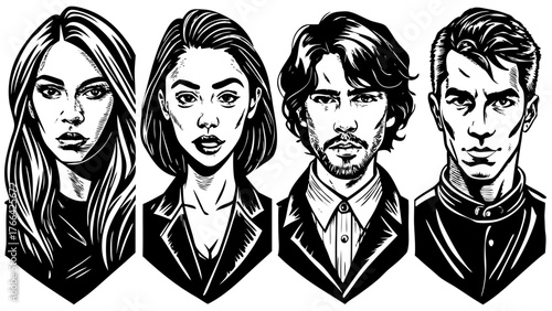 Very beautiful, 6 avatars in grid layout, hand-drawn illustration style, solid black ink like rapidograph pen, young adults (20–30 years old), mix of male and female, diverse hairstyles, monochrome 