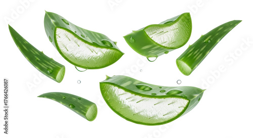 Freshly sliced aloe vera leaves with water droplets scattered showing translucent inner gel isolated on black green plant succulent natural healthy organic