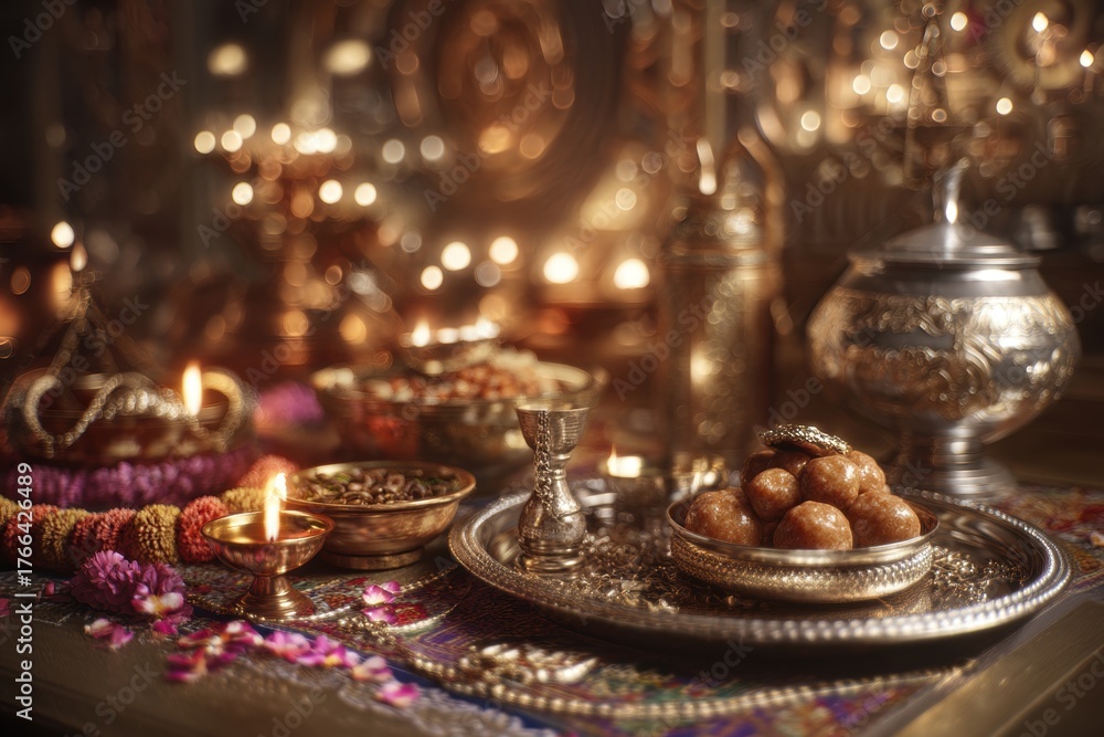 Obraz premium traditional silver plate with Indian sweets (ladoos, barfi) and oil lamps, placed on decorated table with flower garlands, rich warm lighting, no text.