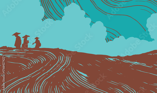 Hand drawn rice field landscape with flowing brush lines and silhouettes of farmers under a bright sky, inspired by traditional Asian rural scenery and natural textures.