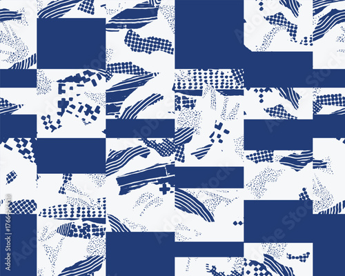 Hand drawn abstract seamless collage pattern with bold brush lines, dotted textures, and geometric blocks in indigo blue and white, inspired by Japanese modern minimalism.