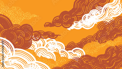 Hand drawn cloud pattern with flowing brush lines and dotted textures in warm earthy tones, inspired by traditional Asian art and natural sky formations.