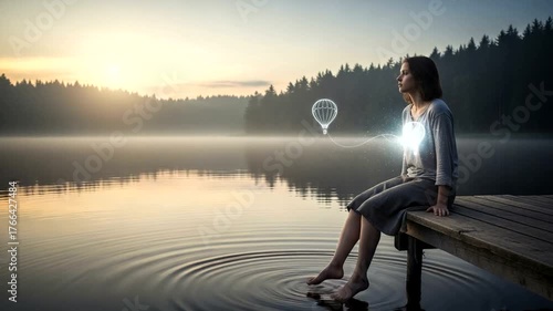 Woman sitting on a dock at sunrise, gazing at a floating balloon above a serene lake