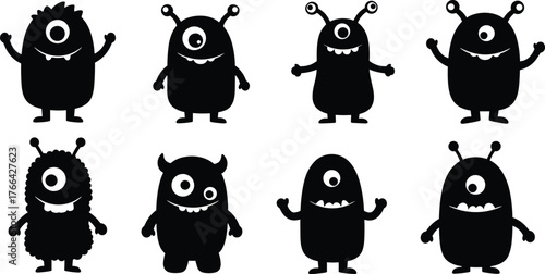 Cartoon monster silhouettes, one-eyed creatures, funny character design, spooky illustration, Halloween theme, quirky monsters, creative artwork, fantasy beings, playful designCartoon 