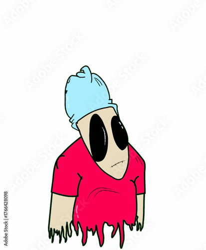 The image shows a cartoon-style character with an unusual and slightly spooky appearance. The character has a pale face with large black oval eyes and a stitched mouth.