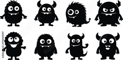 Cartoon monster silhouettes, quirky character design, funny creatures, spooky illustration, Halloween theme, fantasy beings, playful monsters, creative artwork, scary design