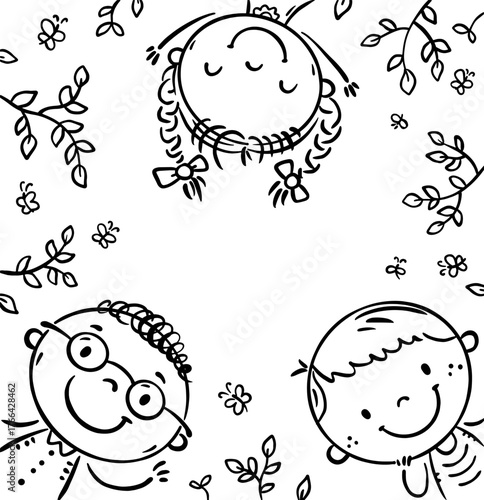 Square kids frame line art vector graphic. Funny children faces. Cartoon black white illustration